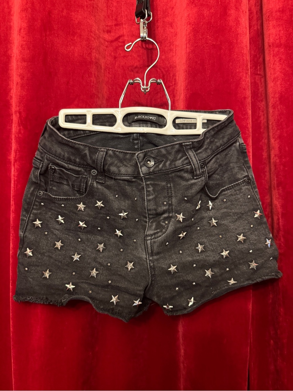 Black Denim Silver Star Studded Shorts